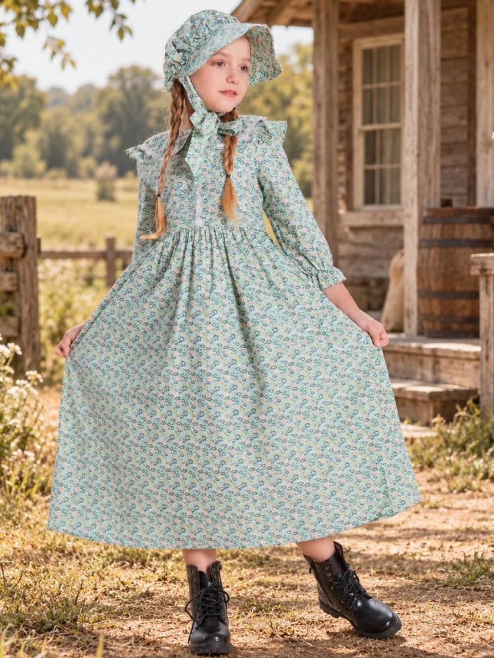 Scarlet Darkness Floral Colonial Pioneer Prairie Dress Halloween Costume Bonnet